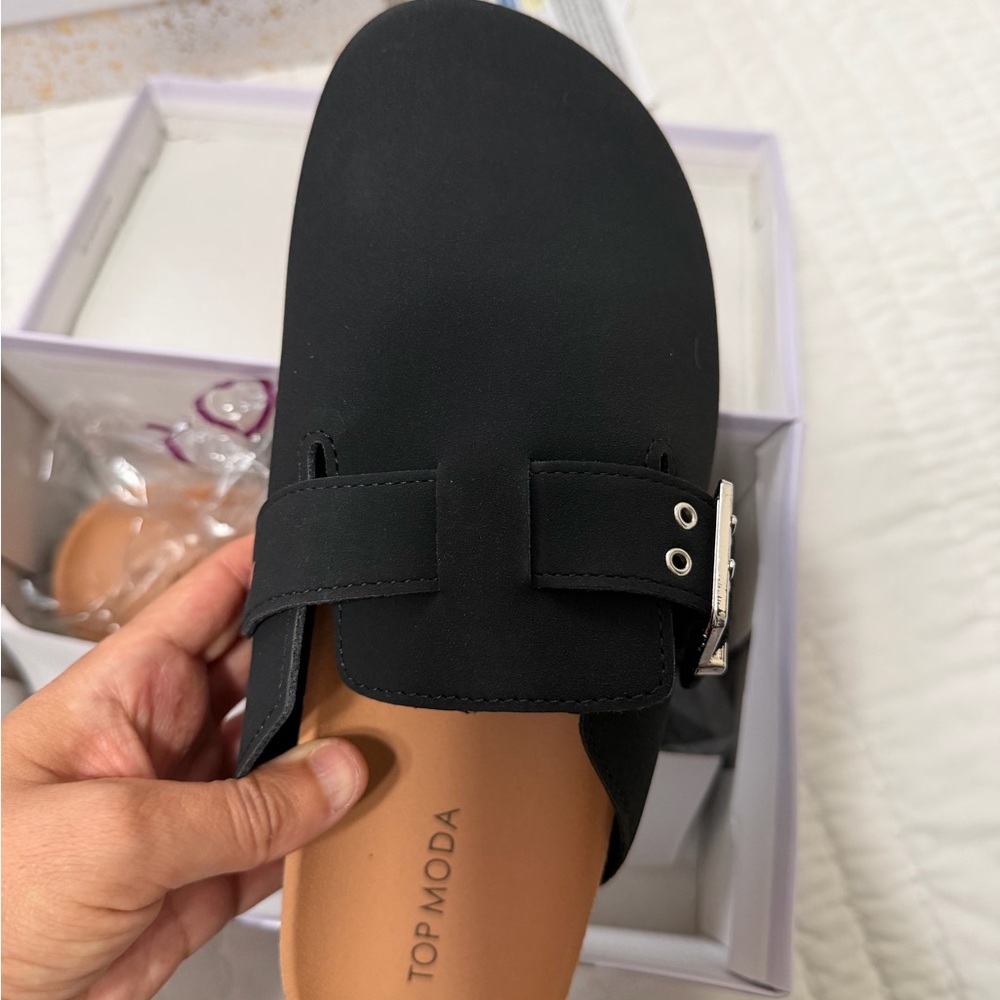 TOP Moda Black Slip-On Mule with Silver Buckle